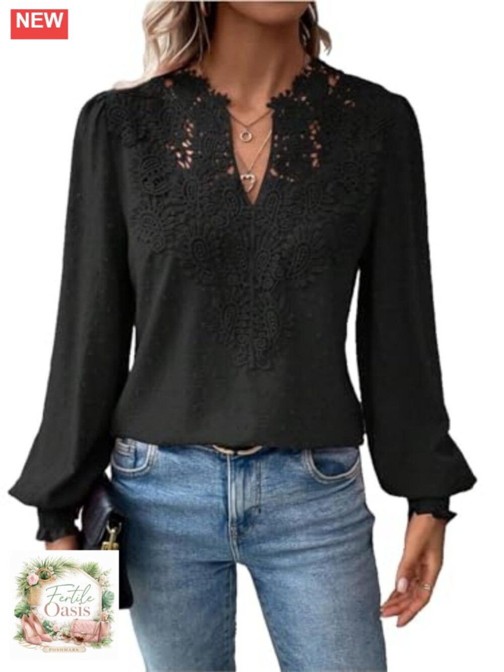 Women's Lace V Neck Long Sleeve Blouse Boho Tunic Top